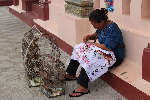 624-Phnom-Penh-173.jpg - Aan de ingang van de tempel worden vogeltjes verkocht die je ter ere van Boeddha kan kopen.
