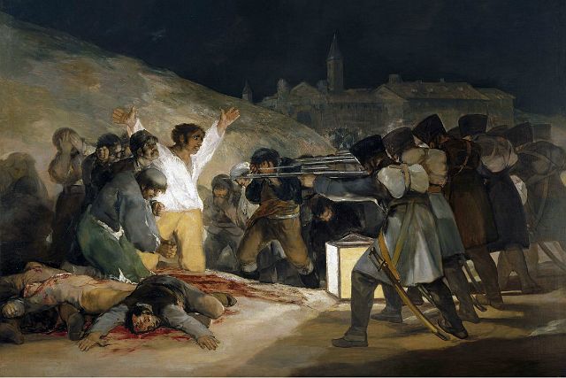 158-El-Prado-De-derde-mei-van-1808-van-Francisco-Goya.jpg - El 3 de mayo ofwel Los fusilanientos van Francisco Goya, geschilderd in 1814, toont de executie van Spaanse burgers na de Madrileense opstand van 2 mei 1808 tegen de troepen van Napoleon Bonaparte.