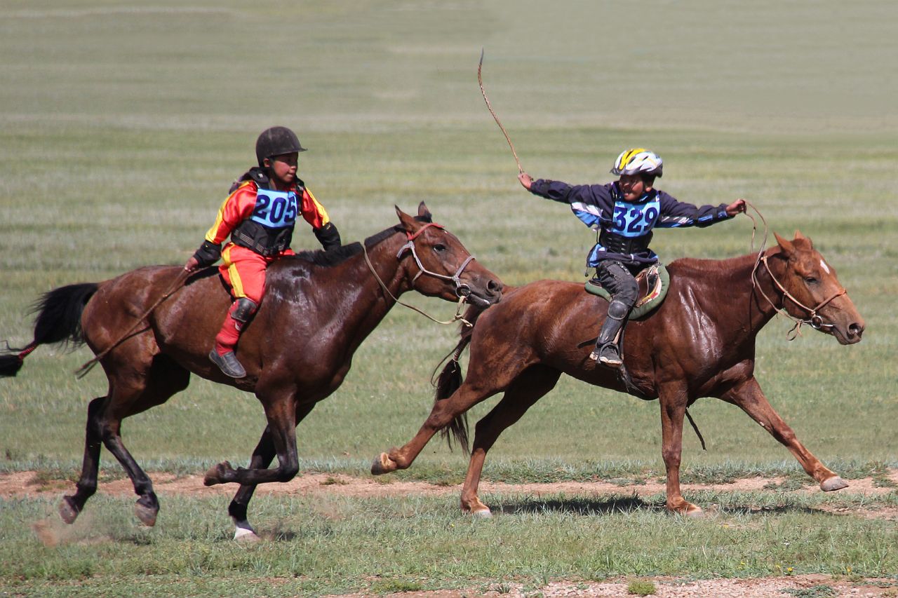 058-Ulaanbaatar-077-naadam.jpg - Het zijn echter vooral de paarden die geëerd worden na een overwinning. Zij worden besprenkeld met arak (licht alkoholische gefermenteerde paardenmelk).