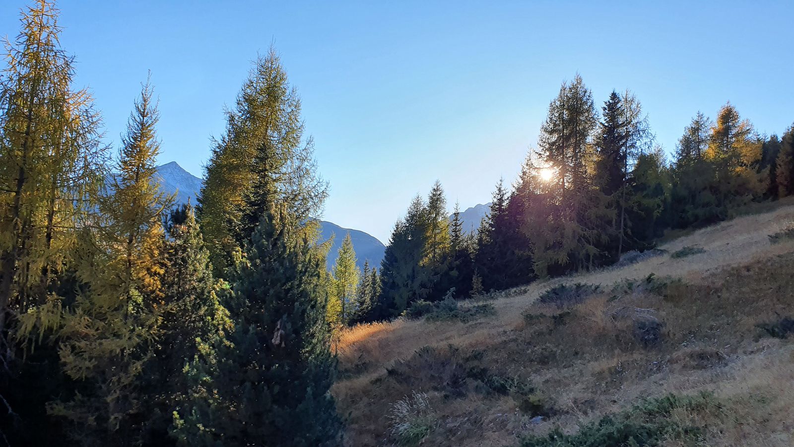 049-dag-3-44-Seespitze-naar-beneden.jpg - Als we terug afdalen, verdwijnt de zon bijna achter de bergen.